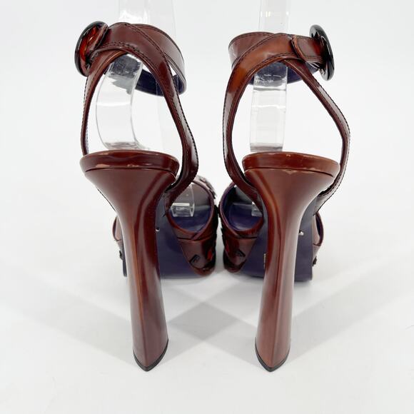 Prada Tobacco Brown Leather Floral Platform Ankle Strap High Heel Sandals IT 38 - Picture 8 of 14